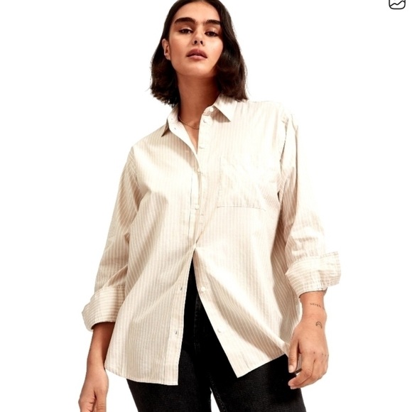Everlane Tops - Everlane Must Have Shirt Tan Striped Button Silky Cotton Relaxed Long